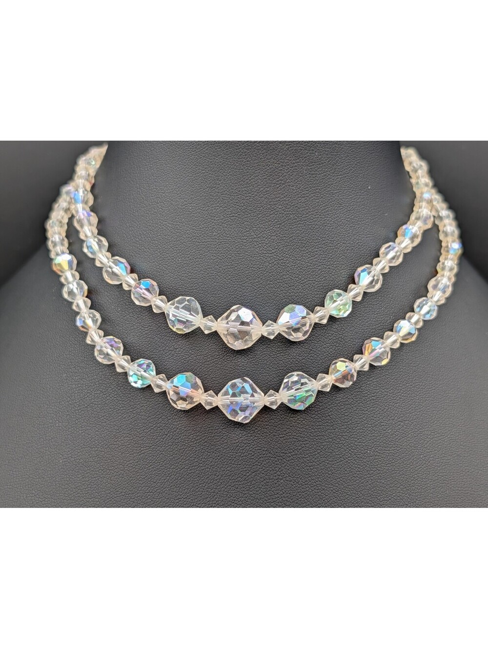 Vintage Aurora Borealis Crystal Bead Necklace Double Strand Graduated Choker 17"